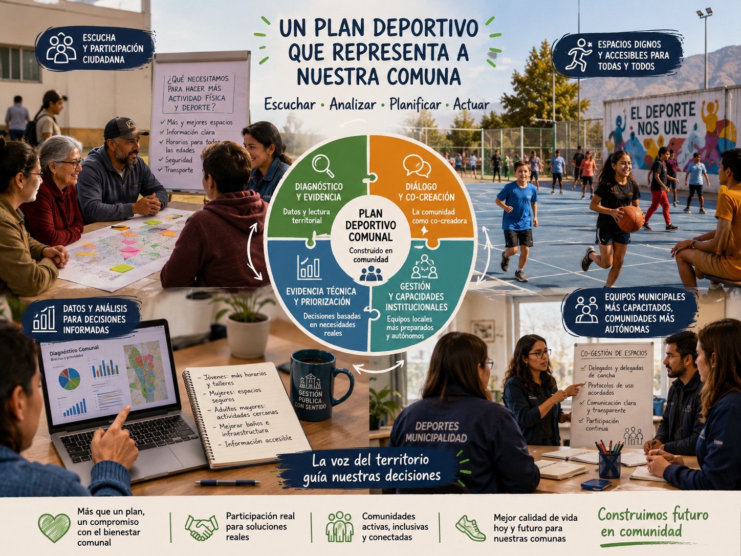 Plan Deportivo Comunal: vecinos en taller participativo, niños jugando en multicancha, análisis de datos en laptop y equipo municipal coordinando gestión deportiva local.
